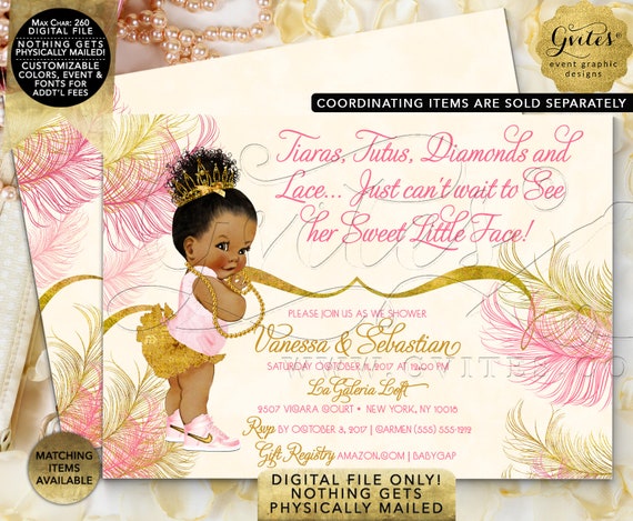 Pink Ivory and Gold Baby Shower Invitation | Afro Puffs Vintage | Digital File JPG + PDF 7x5" Double Sided | By Gvites Design: TIACE-101