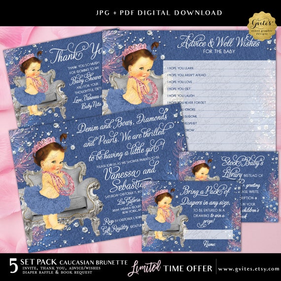 Denim Diamonds and Pearls Baby Shower Printable Party Pack Set of 5 **LIMITED OFFER