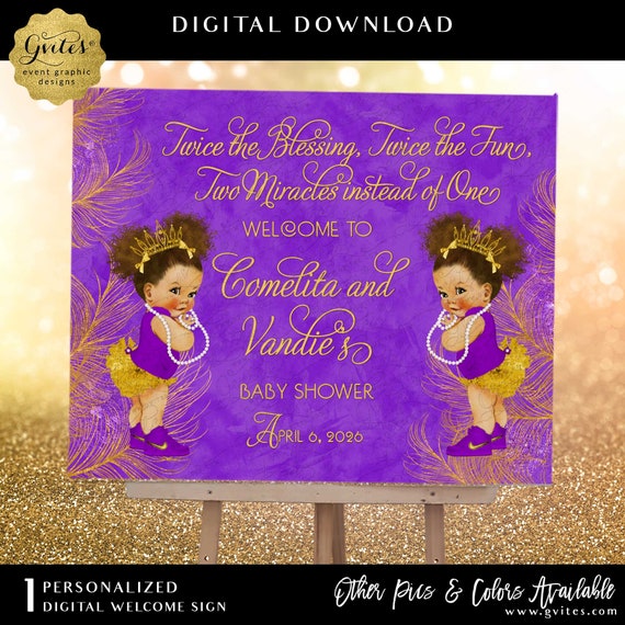 Welcome Sign Twin Girls | Glittery Feathers Violet Purple and Lava Gold Princess Baby Shower Printable