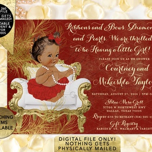 Red and Gold Baby shower invitations African American ribbons bows diamonds pearls/ vintage girl tutu invite digital. 7x5 Gold Feathers image 5