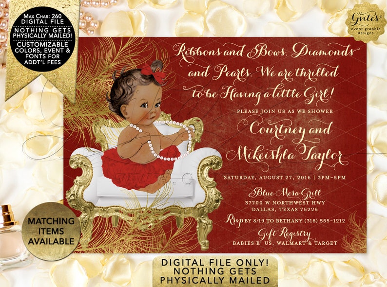 Red and Gold Baby shower invitations African American ribbons bows diamonds pearls/ vintage girl tutu invite digital. 7x5 Gold Feathers image 5