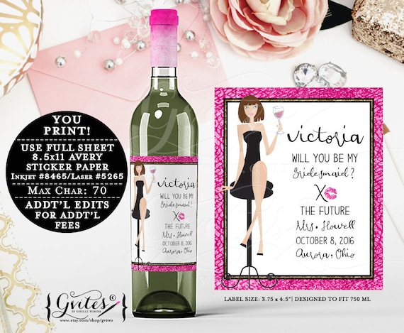 Will you be my Bridesmaid Wine Proposal Bottle Labels/ Bridesmaid PRINTABLE party favors gifts/ Pink Glitter Animal Print