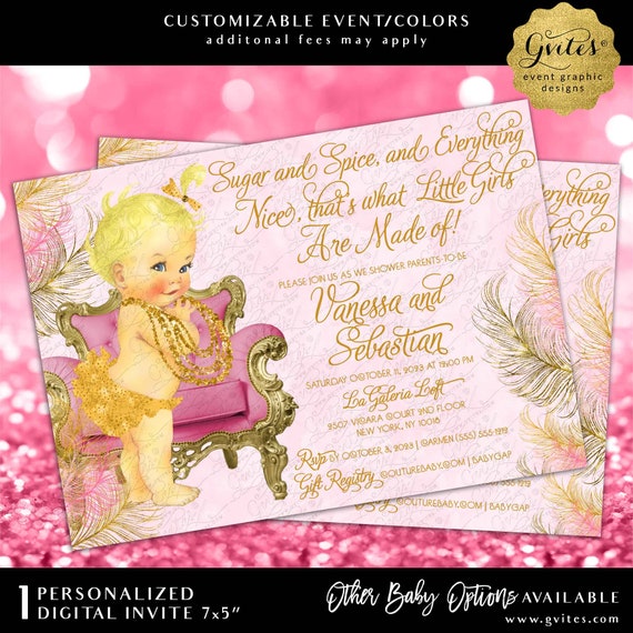 Sugar & Spice Baby Shower Invitation Bow Pearls Pink and Gold Glitter Feather Printable Design 7x5"