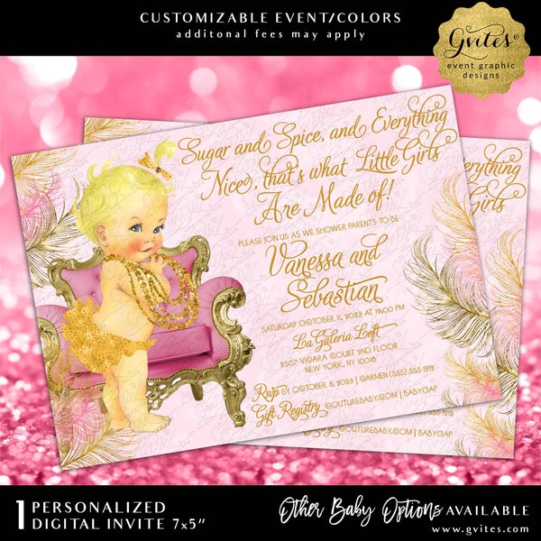 Faire-part pour baby shower sucre et épices avec noeud, perles roses et paillettes dorées, conception imprimable 7 x 5 po.