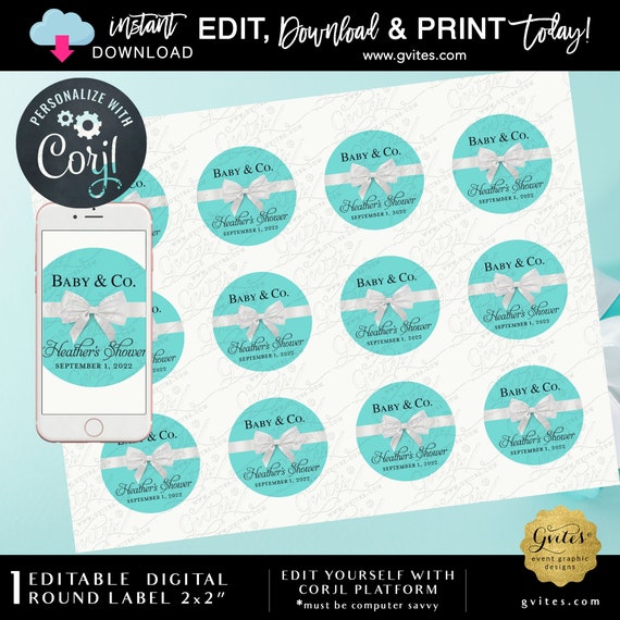 Baby & Co Shower Circle Party Stickers Labels. Breakfast white bow theme. Turquoise Blue Printable