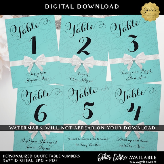 Personalized Blue Table Numbers | Printable Song Quote Elegant Classic White Bow Breakfast at Theme | 1-10 | 5x7"