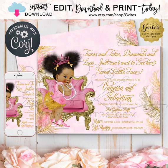 Pink and Gold Baby Shower Invitation/Tiaras Tutus Diamonds Lace/African American Princess/Dark Puffs {Edit & Print Today w/Corjl}