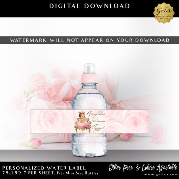 Baby Shower Mini Water Bottles Mini | Personalized Princess Theme Pink & Gold | 8oz-12oz. Size: 7.5 x 1.5"/ 7 Per Sheet