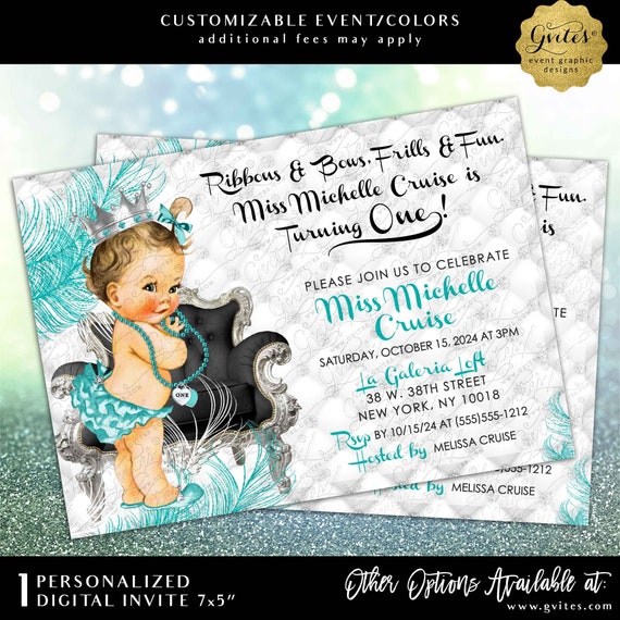 Personalized First Birthday Baby Princess 1st Printable Invitation | Ribbons & Bows Frills and Fun |7x5" Gvites