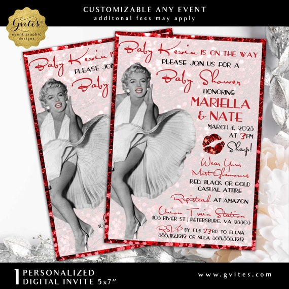 Printable Marilyn Monroe Baby Shower Invitation. Vintage Red Glitter Old Hollywood Style Party. 5x7" Digital File. Il_570xn