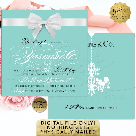 21st Birthday Invite/ Blue White Bow Birthday Party Invitations/ Breakfast at 30th 50th 60th invites/ Turquoise Blue Elegant Square 5x5