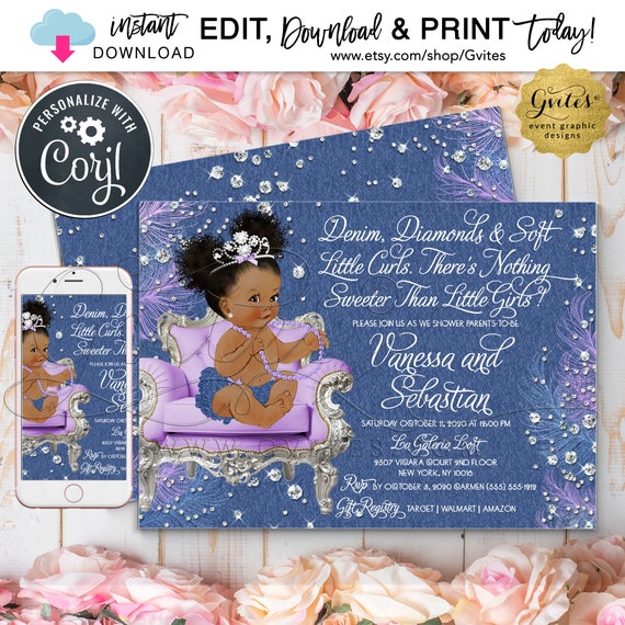 Lavender Silver Denim and Diamonds Baby Shower Princess Printable Invitation