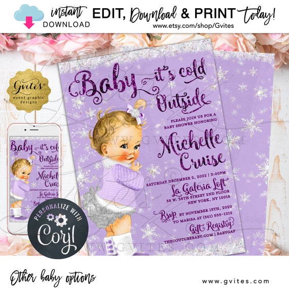 Royal Winter Theme It's Cold Outside Light Blonde Blue Eyes Printable Invitation Instant Download