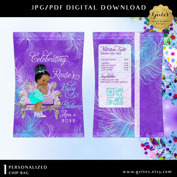 Afro Princess Chip Bag Personalized Violet Purple Aqua Blue Lilac Watercolor Feathers Backdrop by Gvites