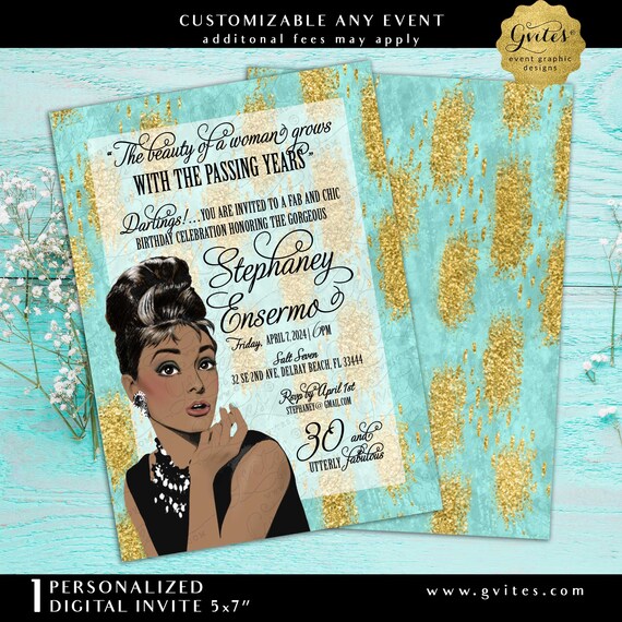 30 & Utterly Fabulous African American Audrey Hepburn Breakfast Birthday Party Printable/Digital Invitation Design by Gvites