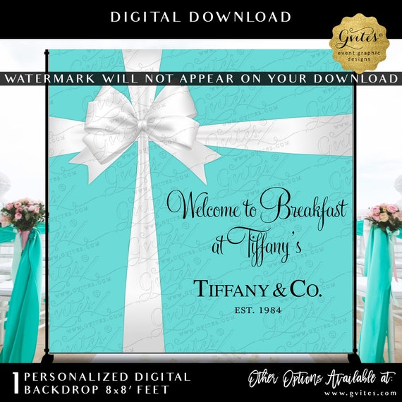 Welcome to Breakfast at Name & Co Wall Backdrop Weddings/Bridal | Classic Vintage Theme | Blue White Bow Design Printable File 8x8' Feet