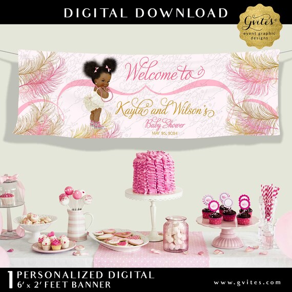 Pink and Gold Banners For Baby Shower | Afro Puffs Girl Printable Signs Ribbons Bows Diamonds Pearls | 6'ft W x 2'ft H