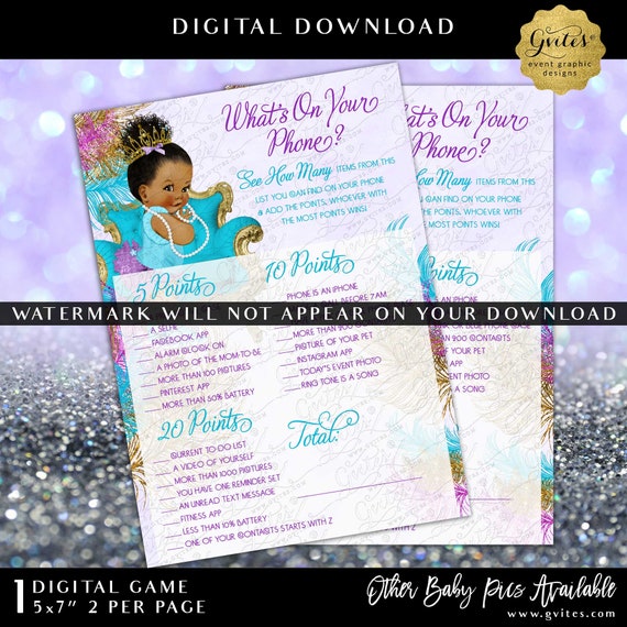 Baby Princess Game What's On Your Phone Shower Purple Gold Turquoise | INSTANT DOWNLOAD Dark/Bun Curly | 7x5" 2 Per Sheet