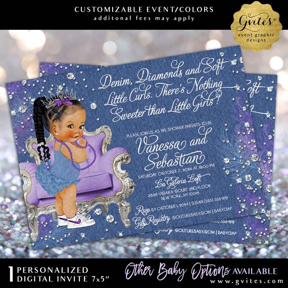 Denim Diamonds and Soft Little Curls Baby Shower Printable Invitation | Dark Purple White High Tops Jamaican Baby Girl