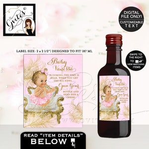 Mini etichette di vino Baby Shower / Princess Ballerina Party favorisce i regali / Cute Vintage Baby Pink Tutu Perle bianche Piume d'oro
