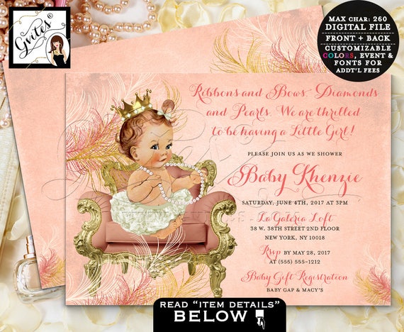 Coral Gold Vintage Baby Shower Invitation/ Little Princess Baby Sitting Crown Pearl Necklace/ 3 Skin Tones/ Pink & Gold