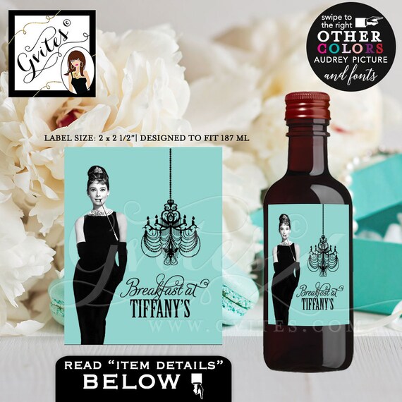 Audrey Hepburn Party Mini Wine Labels/ Turquoise Blue Black Dress Breakfast at Co/ Red White Wine Label {MINI Wine: 2x2.5" }