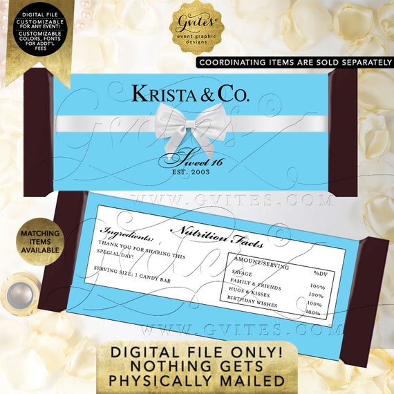 Sweet Sixteen Candy Bar Wrapper Baby Blue | Digital PDF + JPG 2/Per Sheet 5.25x5.75" {Satin Ribbon} By Gvites