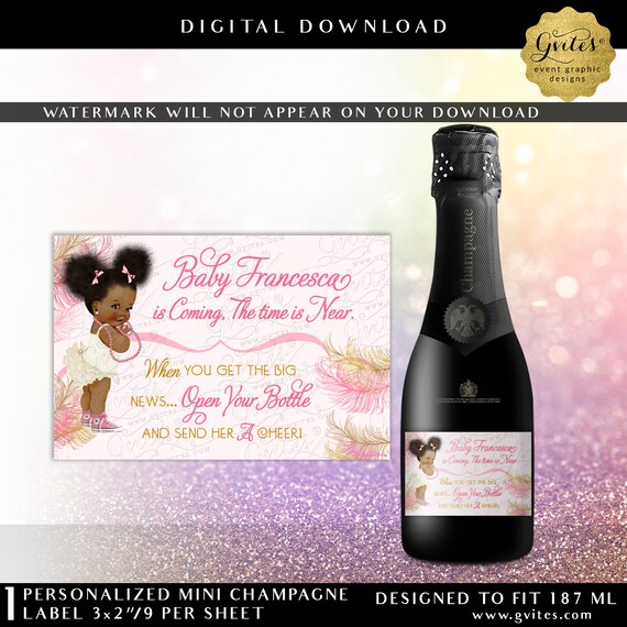 Pink Ivory & Gold Mini Champagne Labels. Afro Puffs Baby Girl Pink Bows