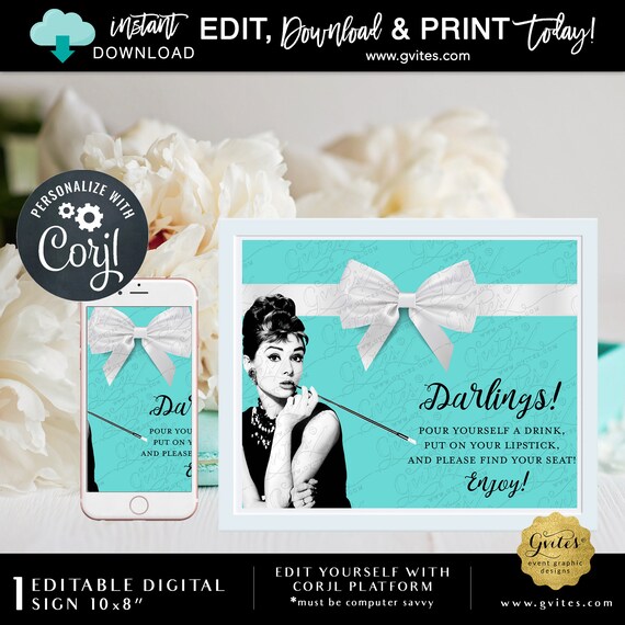 Bridal Shower Printable Table Sign Decor Audrey Hepburn Breakfast Blue Theme 10x8" By Gvites