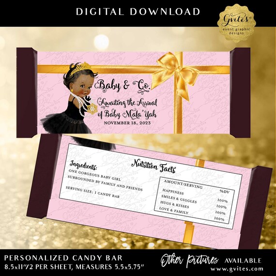 Baby Shower Co Candy Chocolate Bar Wrapper Printable | Pink & Gold African American Princess Girl