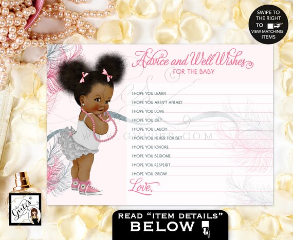 Advice Cards Wishes For Baby Pink & Silver African American Baby Girl Afro Puffs Silver Pink Baby Shower. 5x7 2 Per Sheet.