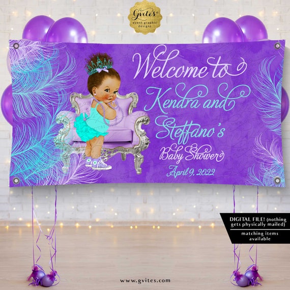 Digital Afro Bun Curly Vinyl Banner Backdrop Baby Shower in Violet Purple Aqua Blue Lilac Watercolor Feathers by Gvites