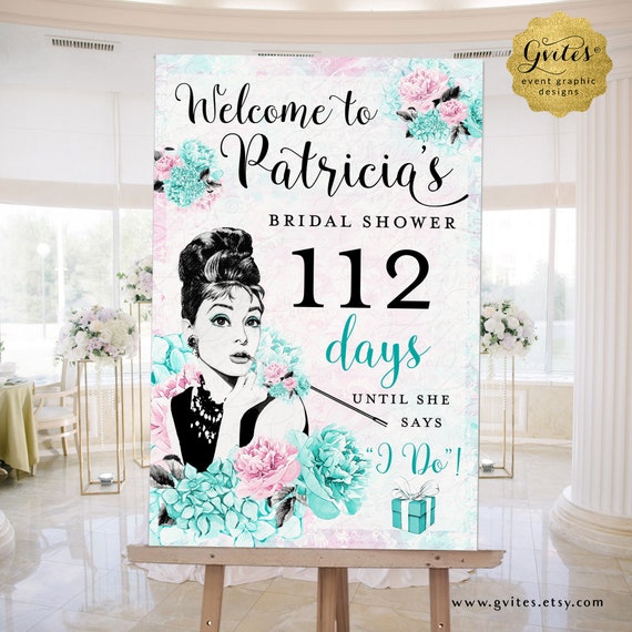 Countdown To Wedding Sign Days Till she says I do. Breakfast at Theme Audrey Hepburn Bridal Shower Poster Decoration. Portrait Layout