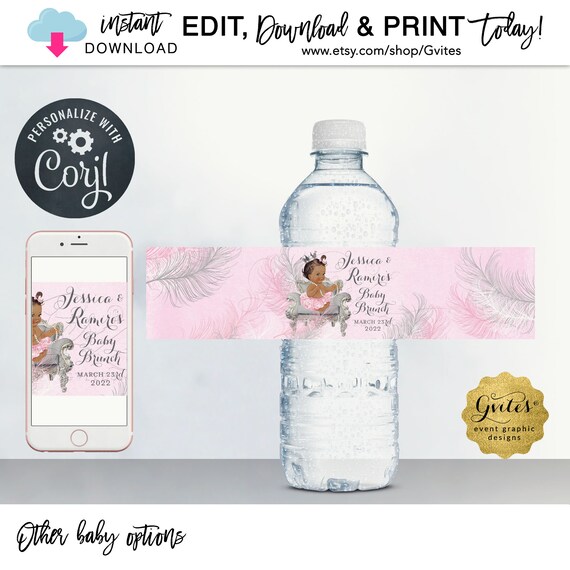 Baby Water Bottle Labels Edit Yourself Corjl. Digital Princess Theme Pink & Silver Baby Shower