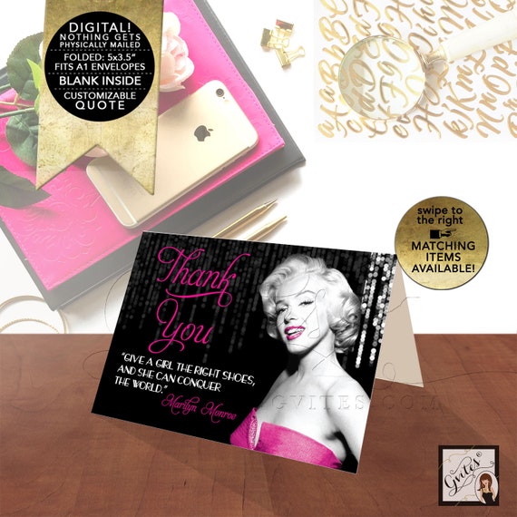 Greeting Cards Marilyn Monroe Custom Quote "Give a girl the right shoes, and she can conquer the world." Black & Pink 5x3.5" 2/Per Sheet.