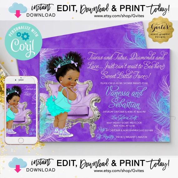 Violet Purple Aqua Blue Lilac Watercolor Feathers Baby Shower Invitation Dark/Puffs Curly | Tiaras Tutus Diamond Lace 7x5" by Gvites