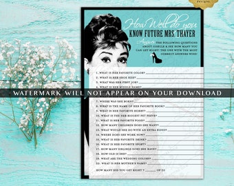 How Well Do You Not The Bride / Blue Frühstück Audrey Hepburn Party Spiele zum Ausdrucken 5x7" 2 Per Sheet.