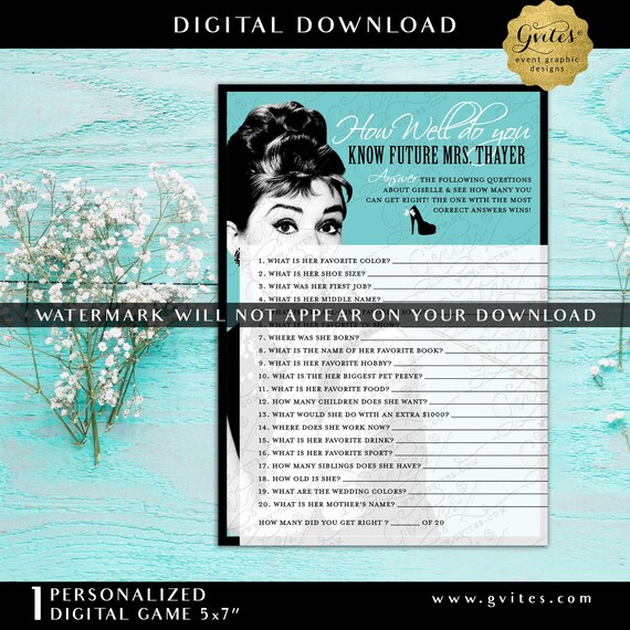 How Well Do You Know The Bride/ Blue Breakfast themed Audrey Hepburn party printable bridal shower games 5x7" 2 Per Sheet.