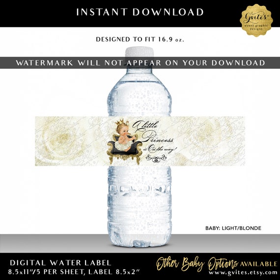 Printable Princess Water Bottle Labels Baby Shower | Ivory Black & Gold Party Favors | Baby: Light/Blonde  | Instant Download 8.5x2"