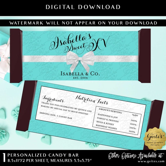 Candy Bar Wrappers Hershey Bar Party Favor | Sweet XV fifteen Birthday Party Decor Gifts | 5.5x5.75”