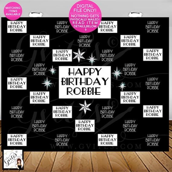 Custom Happy Birthday Step & Repeat Backdrop | Black and White Hollywood Red Carpet Banner Poster Photo Booth 10x8' Feet Digital Download