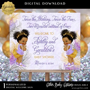 Twins Baby Shower Welcome Sign Princess Afro Puffs Periwinkle Plum Orchid Silver & Lava-Gold Watercolor Feathers by Gvites