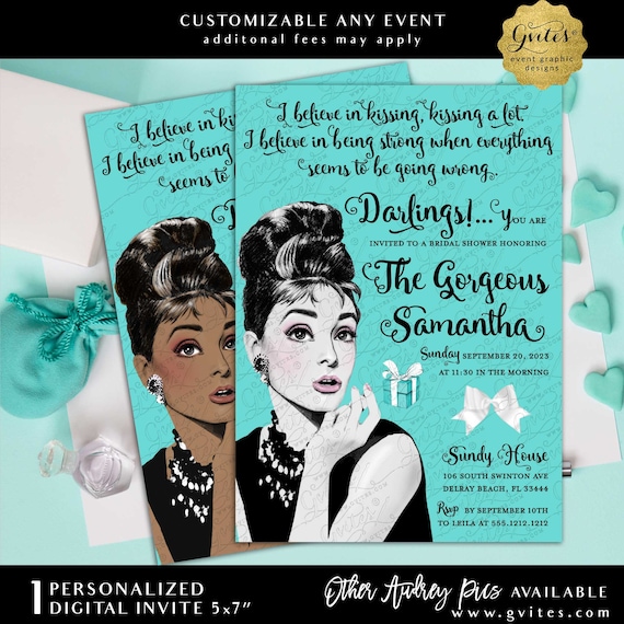 Audrey Hepburn Bridal Shower Invitation | Printable Darlings Breakfast at Co Party Wedding Theme Turquoise Blue White Bow 5x7"