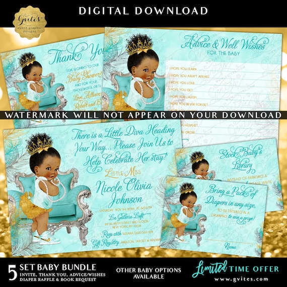 Afro Princess Baby Shower Turquoise Gold Silver Feathers Printable Party Bundle Package Set of 5 **LIMITED OFFER