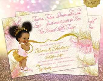 Blush Pink Gold Baby Shower Invitation African American princess tutus tiaras diamonds