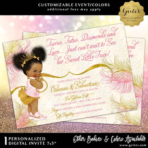 Blush Pink Gold Baby Shower Invitation African American princess tutus tiaras diamonds