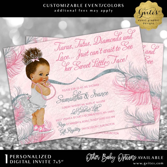 Pink and Silver Princess Afro Puff Baby Shower Printable Invitation 7x5"