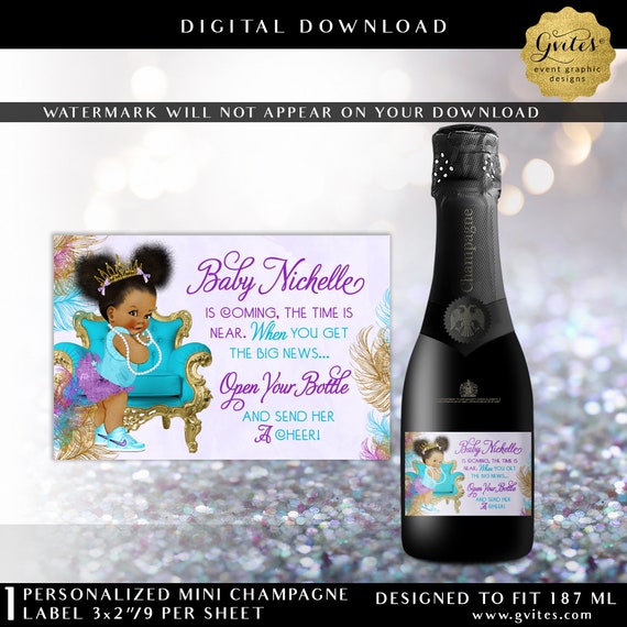 Baby Shower Champagne Bottle Label Purple Turquoise & Gold Printable Stickers For Gifts Party Favors