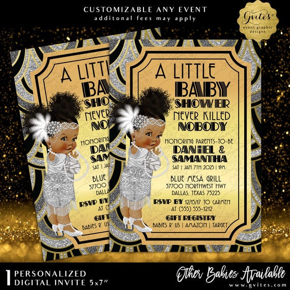 Gatsby Baby Girl African American Shower Invitation | Black Gold Foil & Silver Vintage 1920s Flapper Printable Party 5x7"