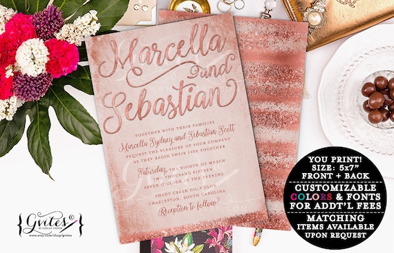 Rose Gold Wedding Invitation/Copper Blush Pink/Personalized Digital File. 5x7" Double Sided.